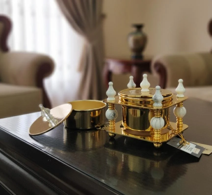 ALMARJAN Elegant Ceramic Incense Burner with Matching Container – White and Gold Decorative Aroma Holder for Home Fragrance, Meditation, and Gift Use 13x10 cm - Image 3