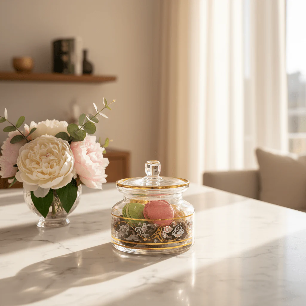 Almarjan Elegant Floral Glass Candy Pot | Gold-Rimmed Lidded Jar | 12×10cm - Image 2