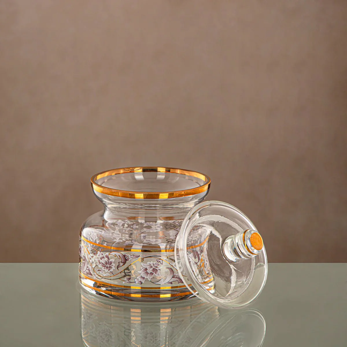 Almarjan Glass Candy Pot with Lid 450ml, Clear & Golden Pattern - Image 3