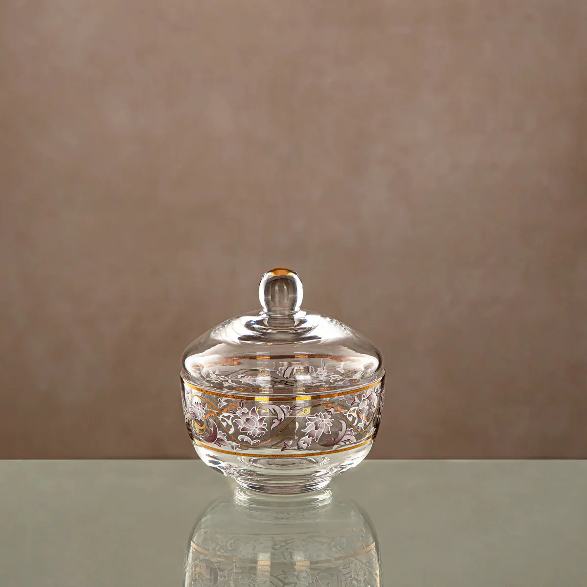 Almarjan Glass Sugar Pot with Lid 200ml, Clear & Golden Pattern - Image 2