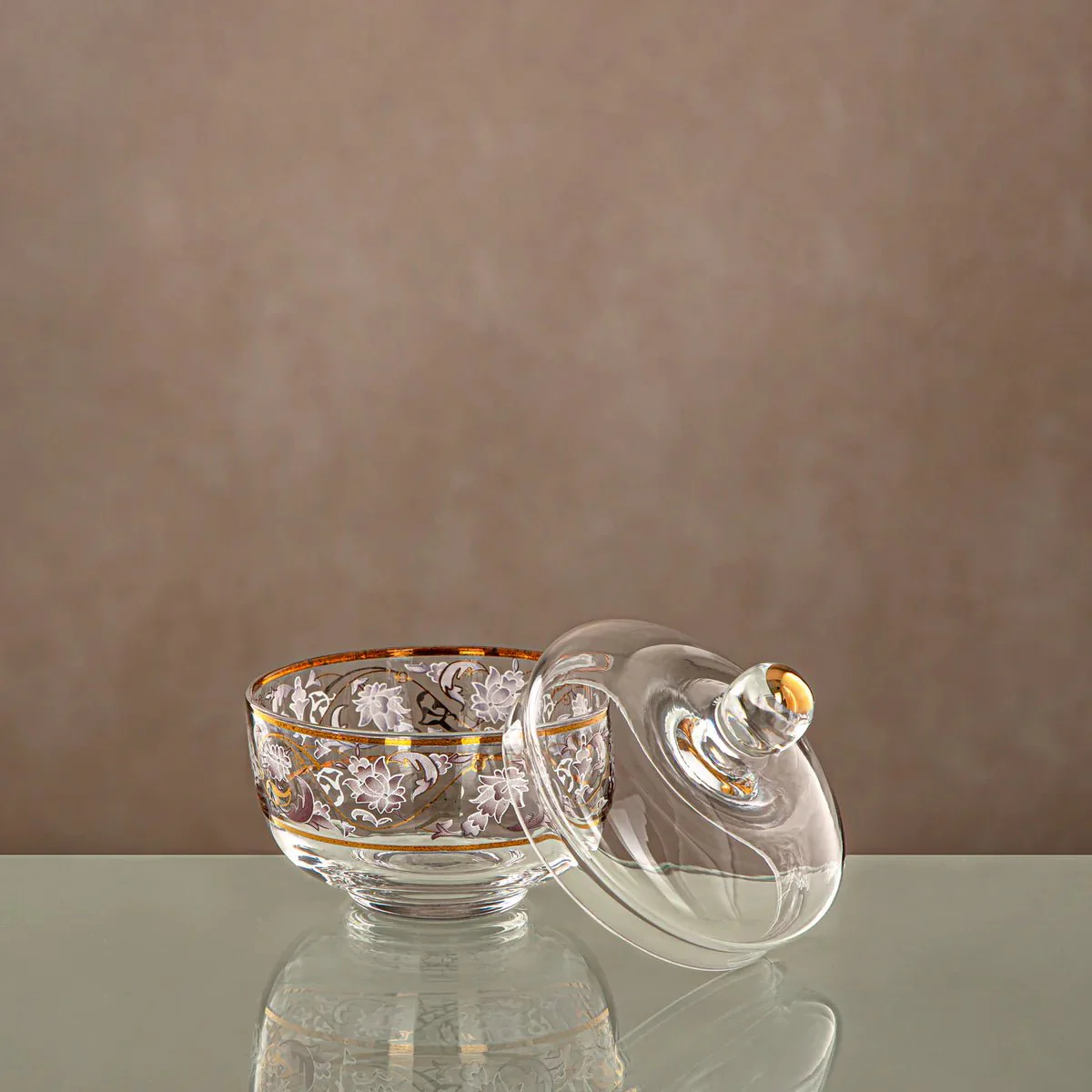 Almarjan Glass Sugar Pot with Lid 200ml, Clear & Golden Pattern - Image 3
