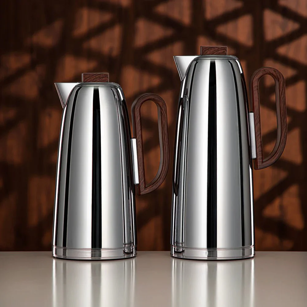 Almarjan Insulated Flask Combo 0.7L & 1L – Silver Body with Dark Wood Detailing