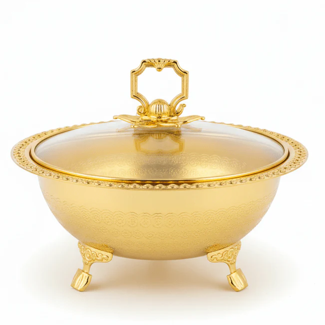 Almarjan Luxury Gold Metal Dates Bowl with Elegant Glass Lid for Premium Serving & Display – 20cm