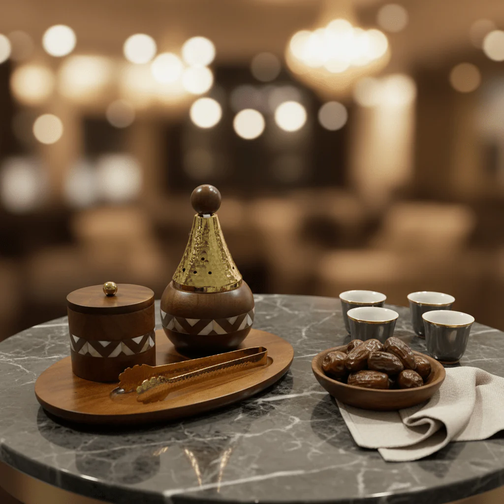 Almarjan Luxury Oval Bakhoor Burner | Brown Wood & Gold Metal | Premium Arabian Incense Holder 31×21cm - Image 2