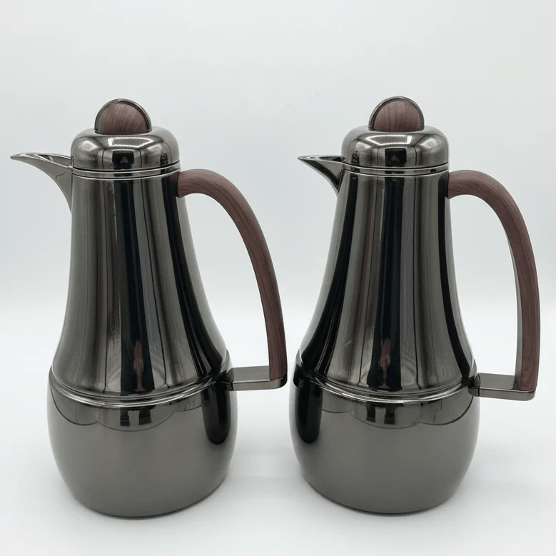 Almarjan Premium 1L + 1L Vacuum Flask Set in Black Finish with Elegant Brown Handle for Hot & Cold Beverages