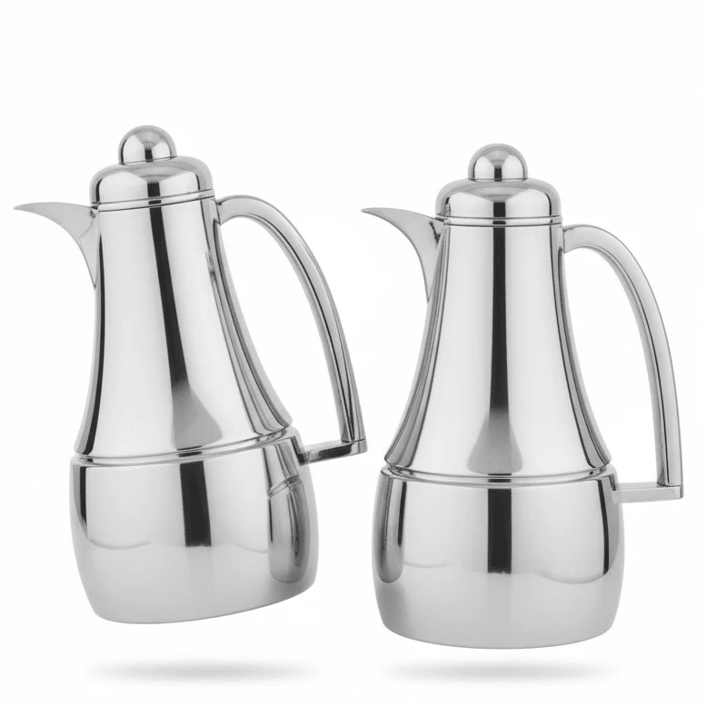 Almarjan Premium 1L + 1L Vacuum Flask Set in Silver Finish with Handle for Hot & Cold Drinks