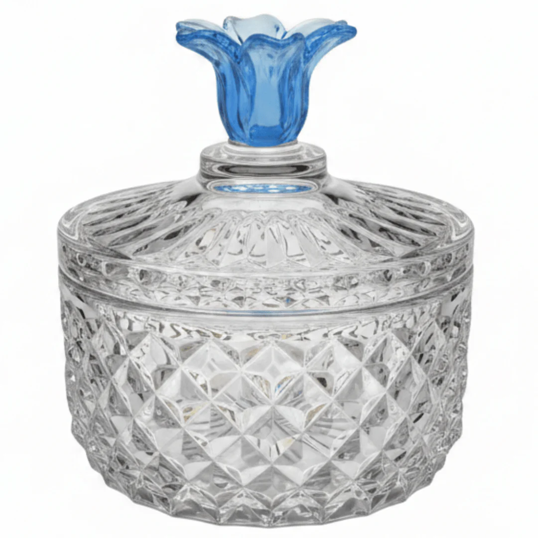 Almarjan Premium Diamond-Cut Glass Candy Bowl with Elegant Blue Floral Lid for Home Décor & Serving – 15 × 9 cm
