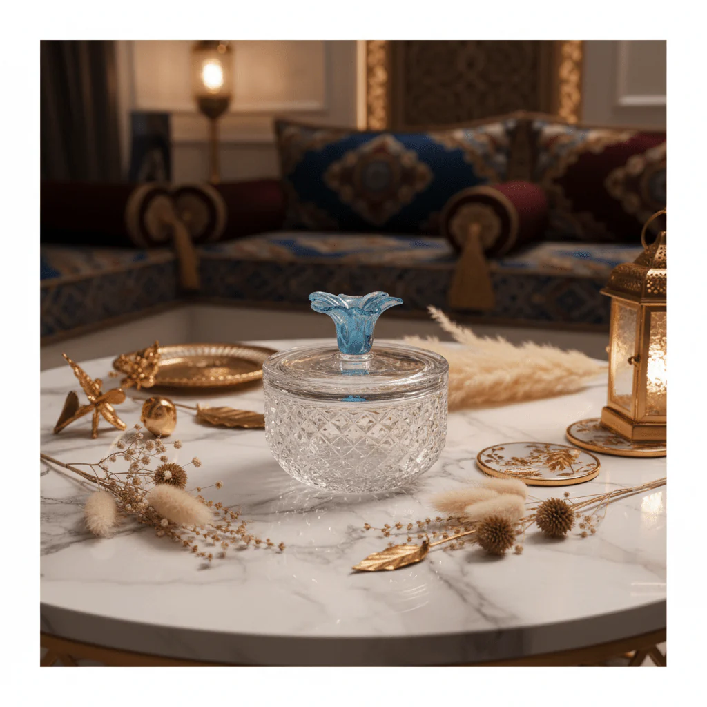 Almarjan Premium Diamond-Cut Glass Candy Bowl with Elegant Blue Floral Lid for Home Décor & Serving – 15 × 9 cm - Image 2