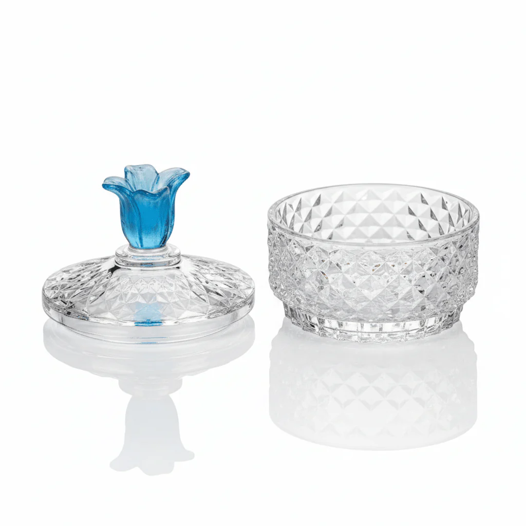 Almarjan Premium Diamond-Cut Glass Candy Bowl with Elegant Blue Floral Lid for Home Décor & Serving – 15 × 9 cm - Image 4