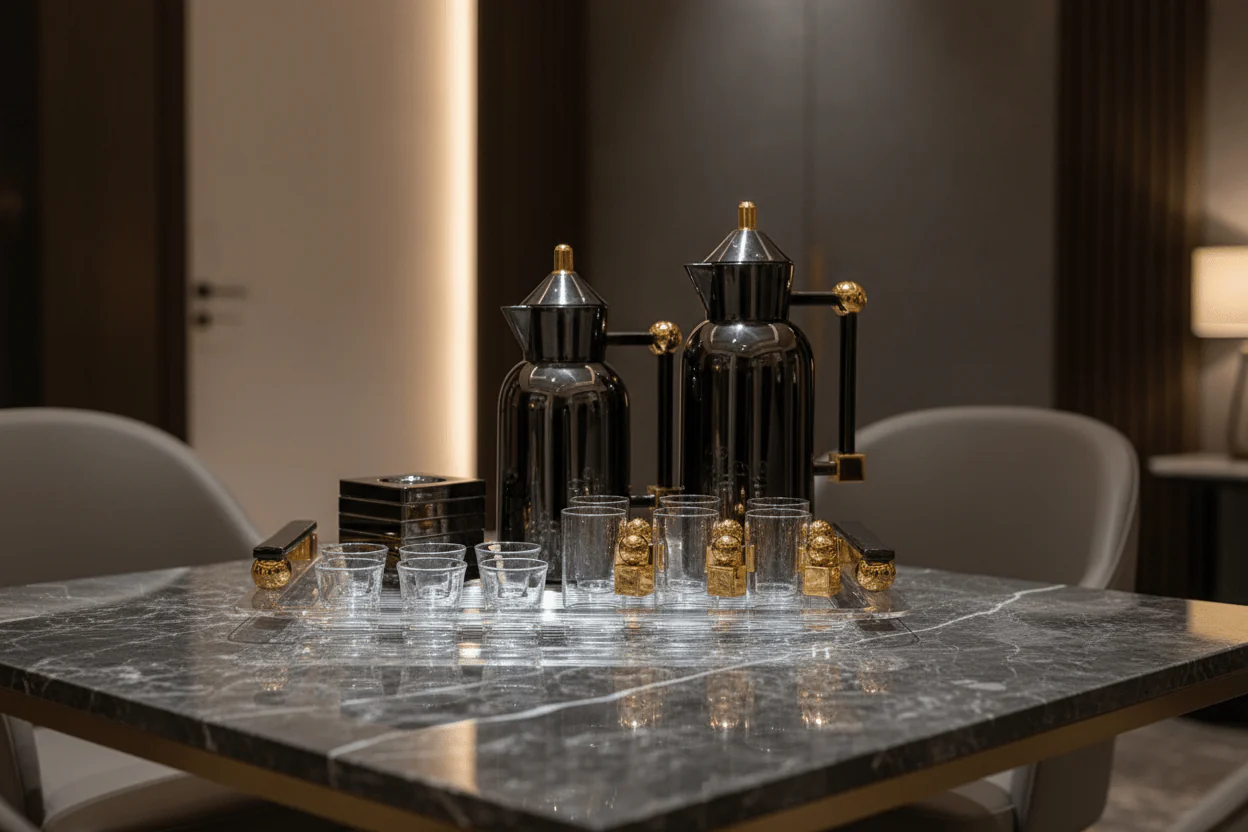 Almarjan Premium Gun Black & Gold 21-Piece Tea and Coffee Set with Exclusive Artistic Design - Image 3