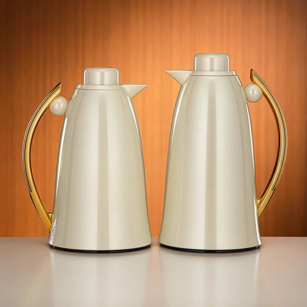 Almarjan Premium Vacuum Flask Pair (0.7L & 1L) – Pearl White with Gold Accents