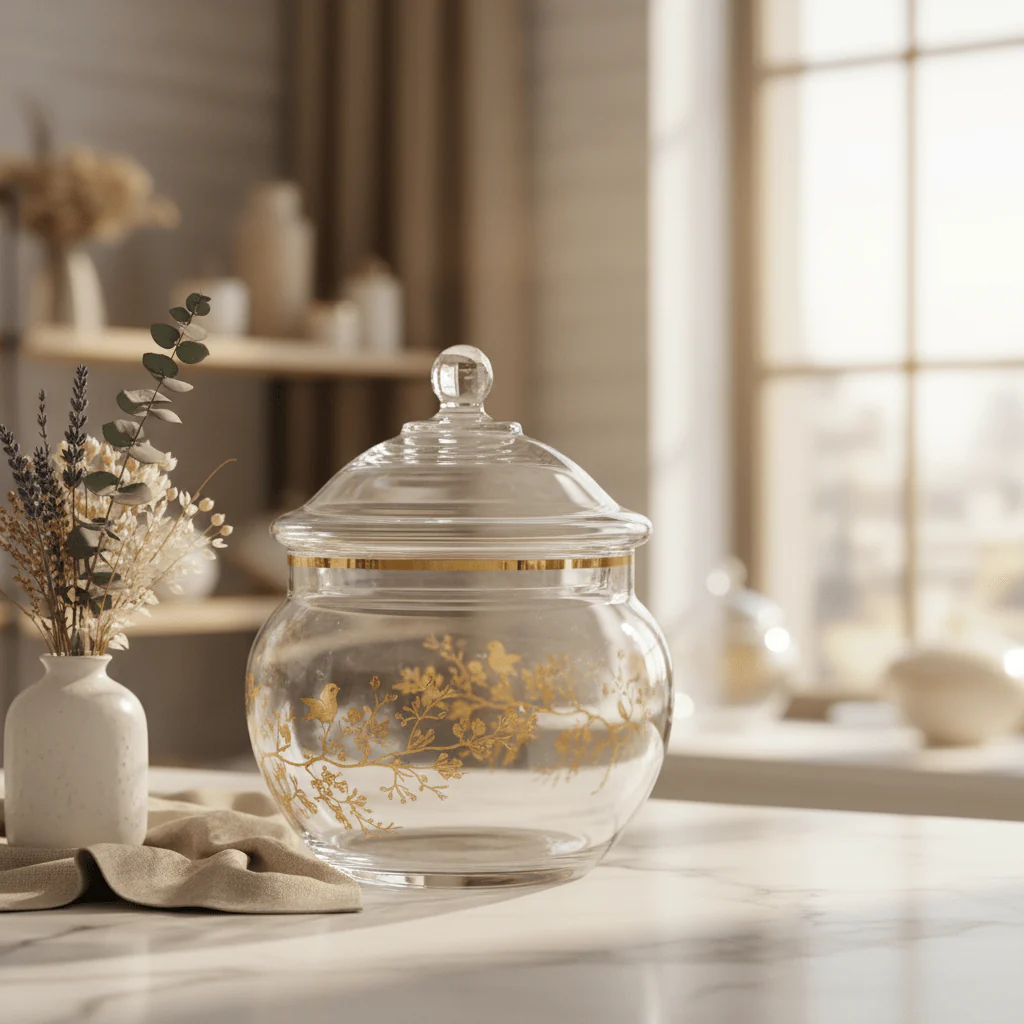 Almarjan Round Glass Candy Pot with Lid | Crystal-Clear Storage Jar | 12cm - Image 2