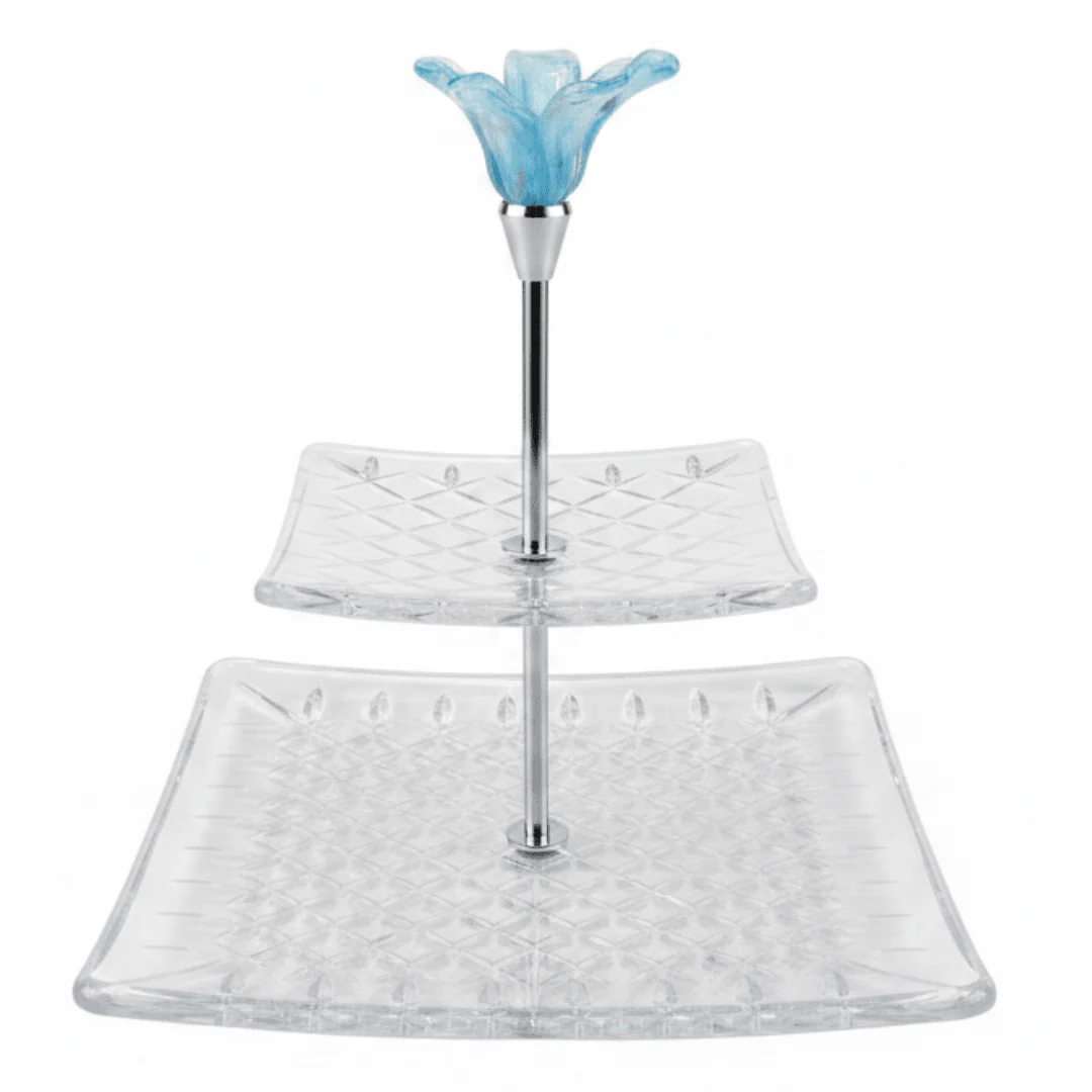 Almarjan Square 2-Tier Diamond-Cut Glass Candy Tray with Blue Floral Design for Party & Event Serving – 17 × 28 × 25 cm