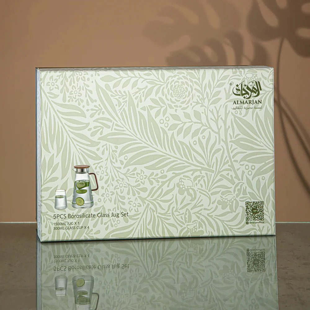 Almarjan Water Set 5 Pieces, Borosilicate Glass, Clear & Green (GLS0010163) - Elegant Serveware - Image 2