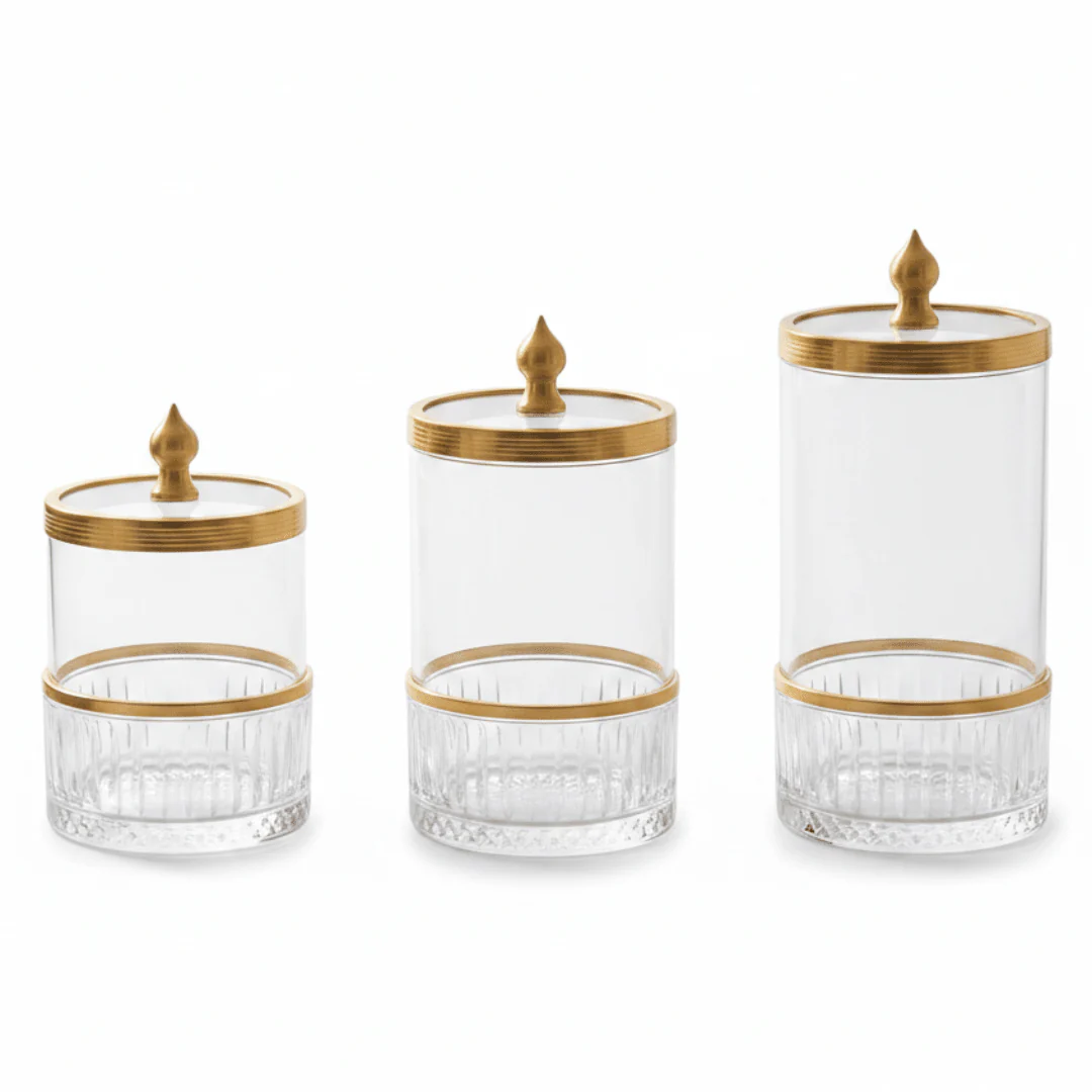Ameco 3-Piece Clear Crystal Glass Canister Set with Gold Lid | Premium Storage Jars for Kitchen, Vanity & Home Décor 13*16*19cm