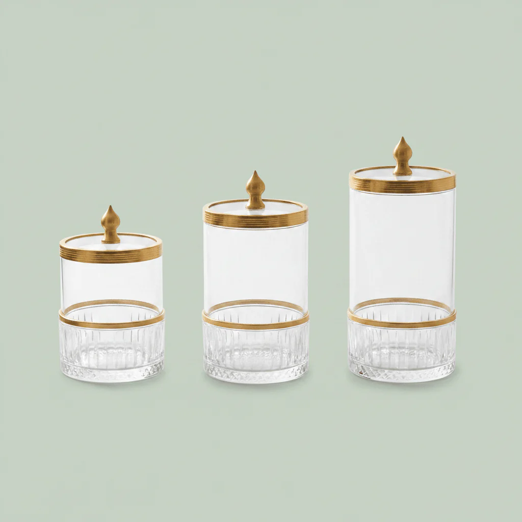 Ameco 3-Piece Clear Crystal Glass Canister Set with Gold Lid | Premium Storage Jars for Kitchen, Vanity & Home Décor 13*16*19cm - Image 4