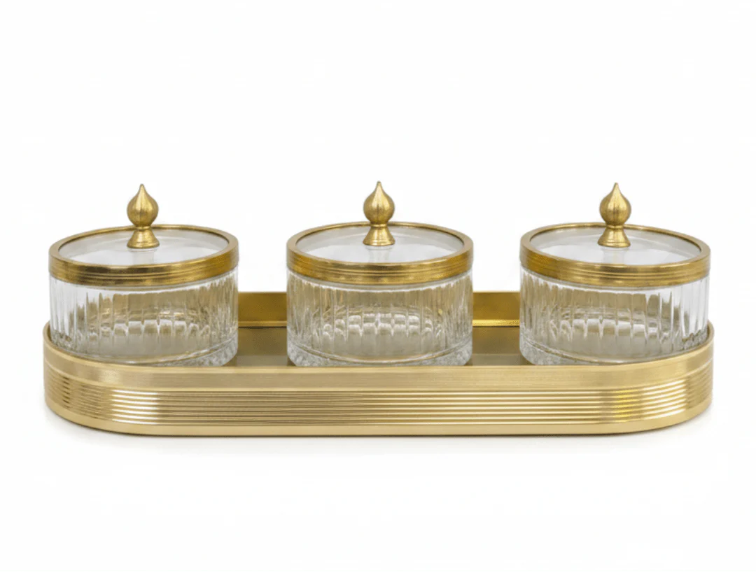 Ameco Luxury 3-Piece Clear Glass Canister Set with Gold Lids & Serving Tray | 6.5*3cm 35*15cm