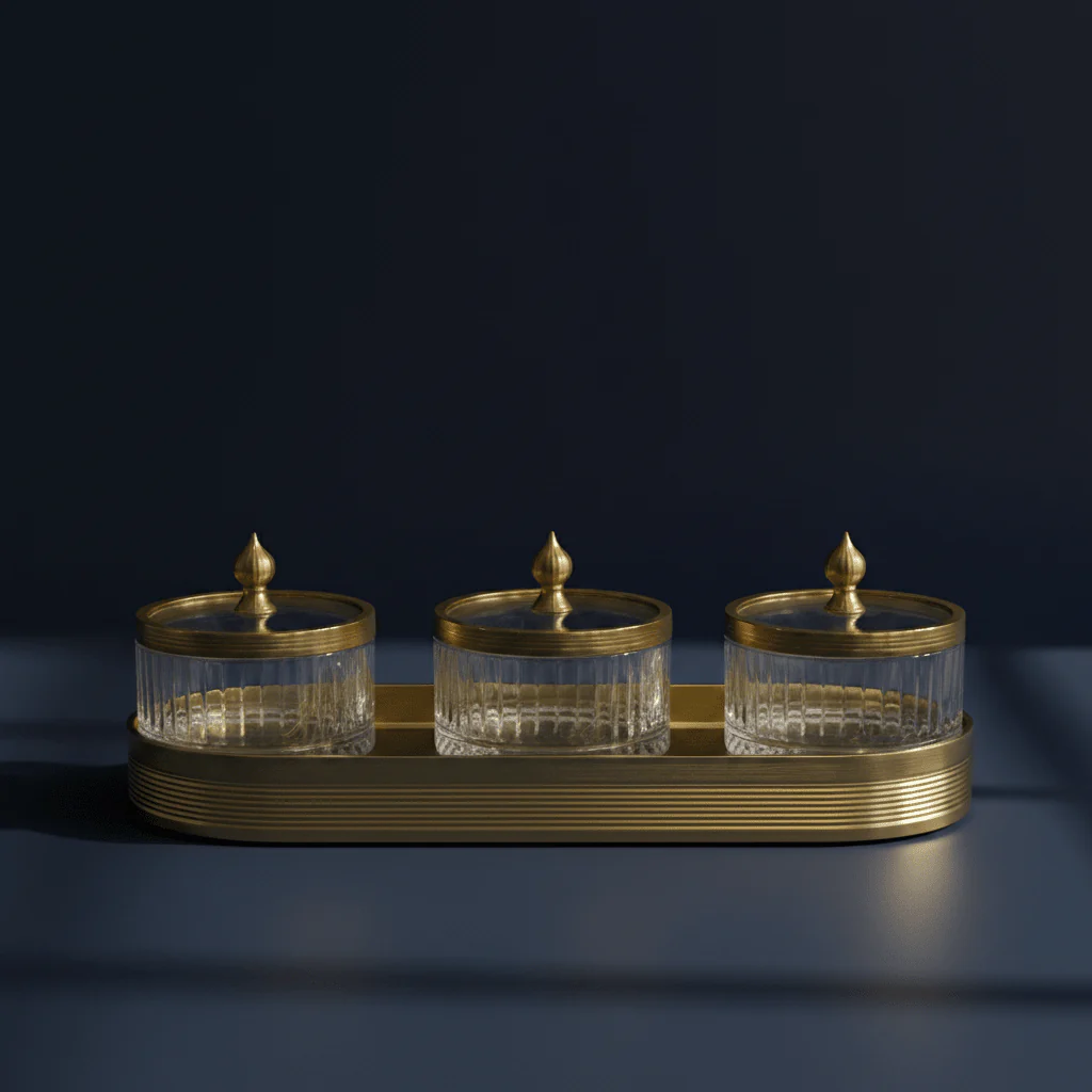 Ameco Luxury 3-Piece Clear Glass Canister Set with Gold Lids & Serving Tray | 6.5*3cm 35*15cm - Image 3