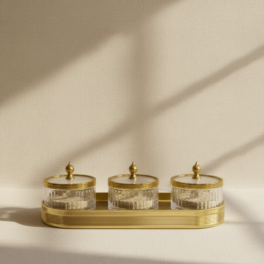 Ameco Luxury 3-Piece Clear Glass Canister Set with Gold Lids & Serving Tray | 6.5*3cm 35*15cm - Image 4