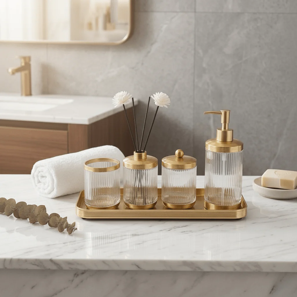 Ameco 4-Piece Ribbed Clear Glass & Gold Bathroom Accessory Set - Image 2