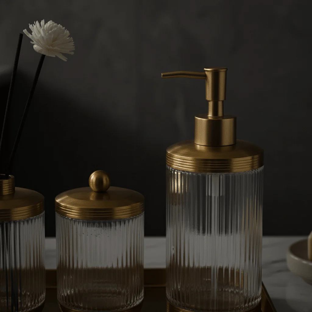 Ameco 4-Piece Ribbed Clear Glass & Gold Bathroom Accessory Set - Image 3