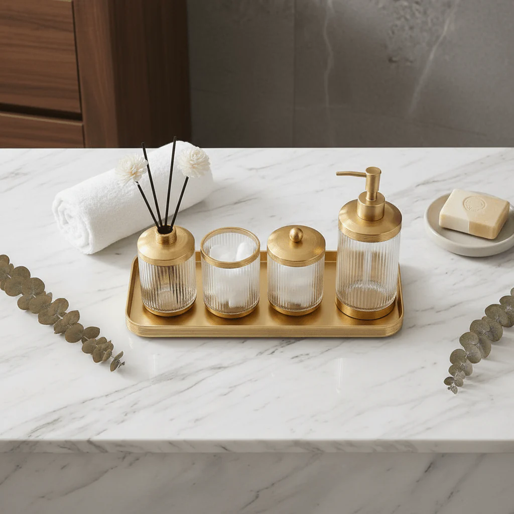 Ameco 4-Piece Ribbed Clear Glass & Gold Bathroom Accessory Set - Image 4