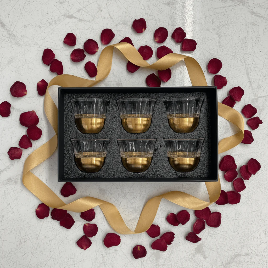 Ameco Crystal Glass & Gold Cawa Cup Set | 6 Pieces | 60ml — Premium Arabic Coffee Cups - Image 2