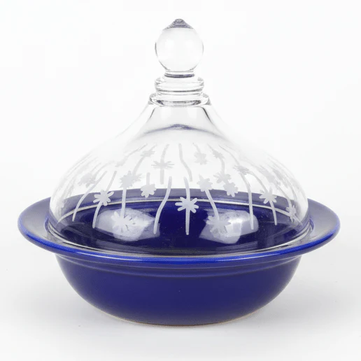 Ameco Blue Ceramic Mini Tajine Dish with  Acrylic Lid – Traditional Moroccan Style Tajine for Serving Sauces, Appetizers and Small Portions – 14 × 12 cm