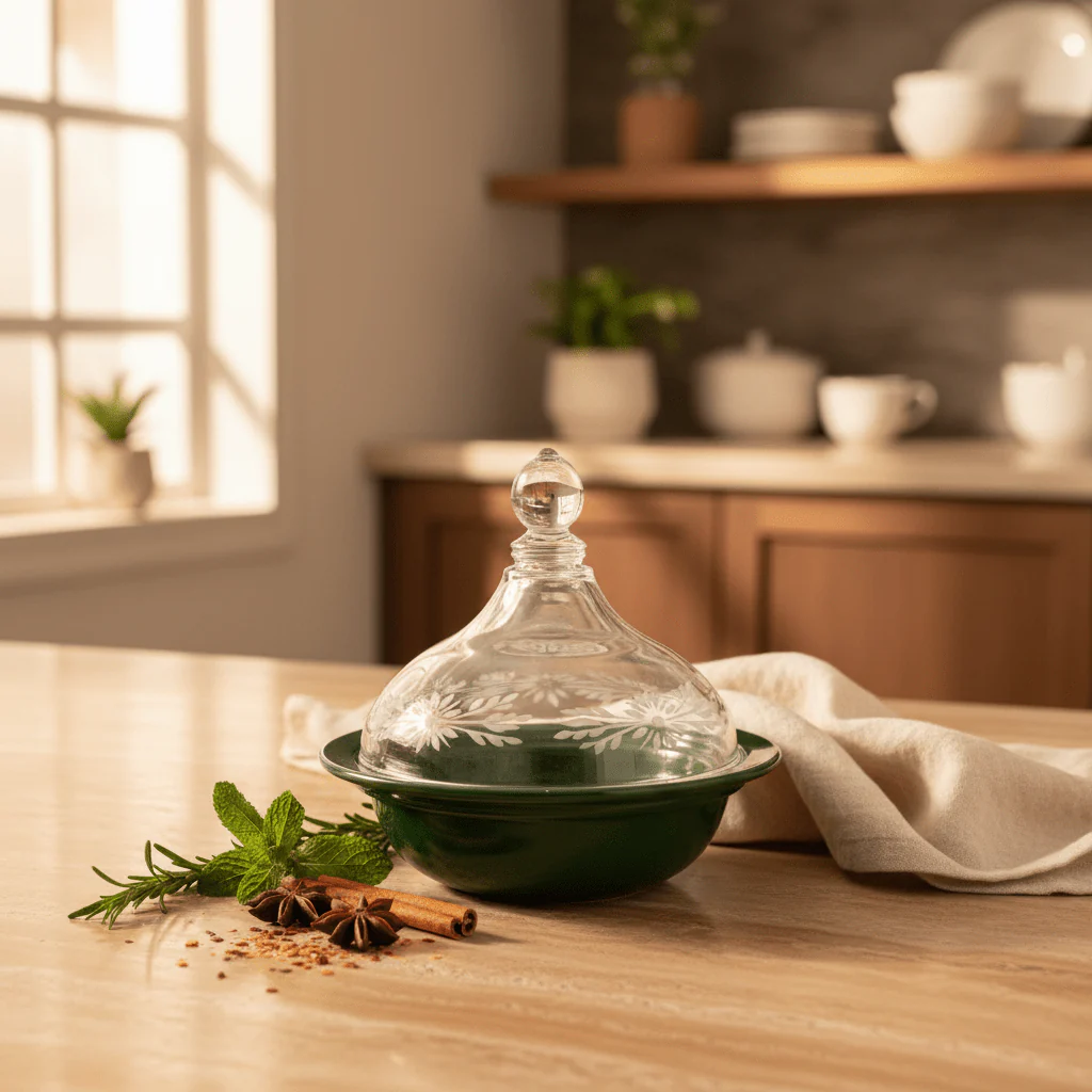Ameco Green Ceramic Decorative Tajine Dish with  Acrylic Lid – Moroccan Style Mini Tajine for Serving Snacks, Sauces and Appetizers – 14 × 12 cm - Image 2