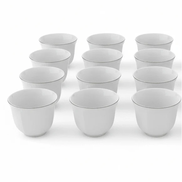 Angela 12pcs White Ceramic Cawa Coffee Cup Set with Elegant Silver Rim Finish 80ml Premium Small Arabic Espresso Style Cups for Tea and Coffee Serving