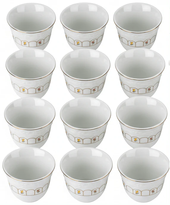Angela 12pcs White Ceramic Cawa Cup Set with Golden Rim and Floral Design Elegant 80ml Mini Cups for Arabic Coffee Espresso and Traditional Serving Use