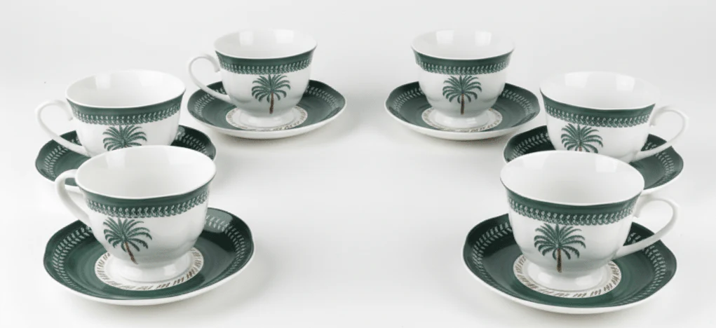 Angela BX-20 Coconut Design 6-Piece Cup & Saucer Set – 200 ml (White & Green)