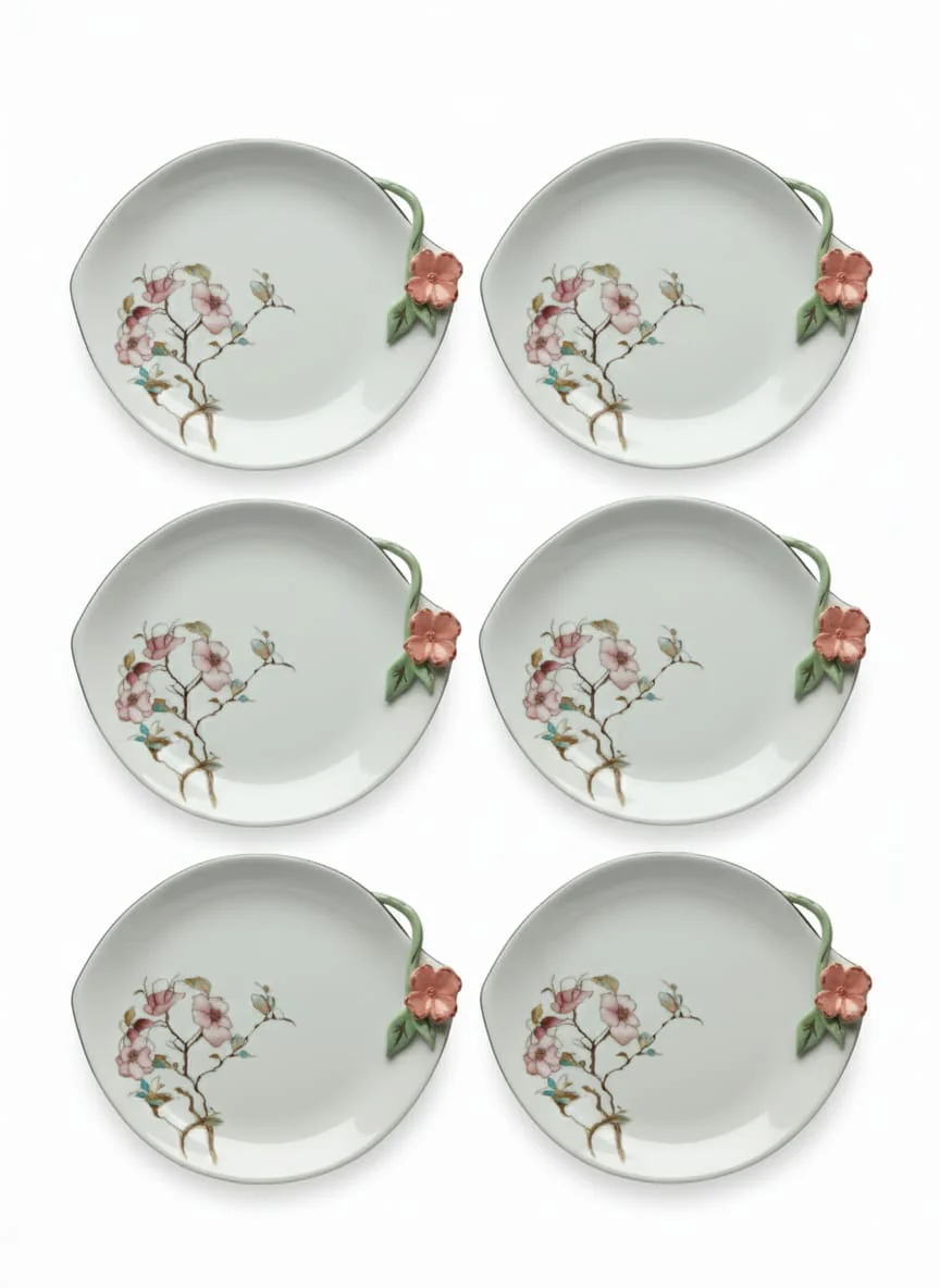 Angela Floral Classic 6-Piece Ceramic Dessert Plate Set – White (18×22 cm)