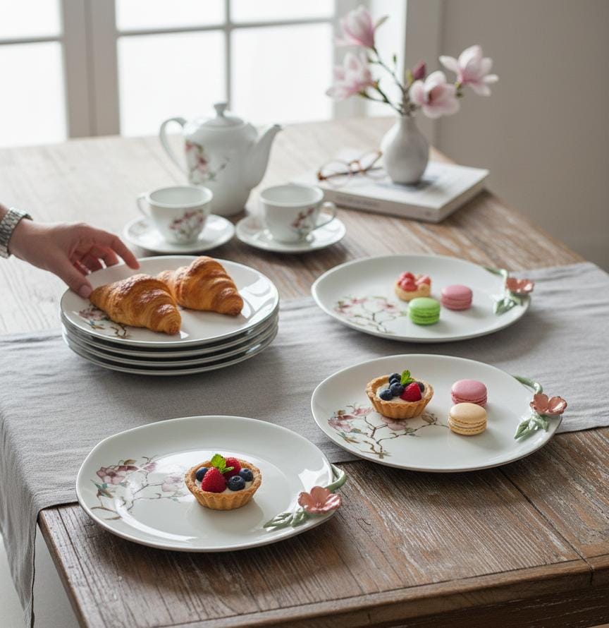 Angela Floral Classic 6-Piece Ceramic Dessert Plate Set – White (18×22 cm) - Image 3