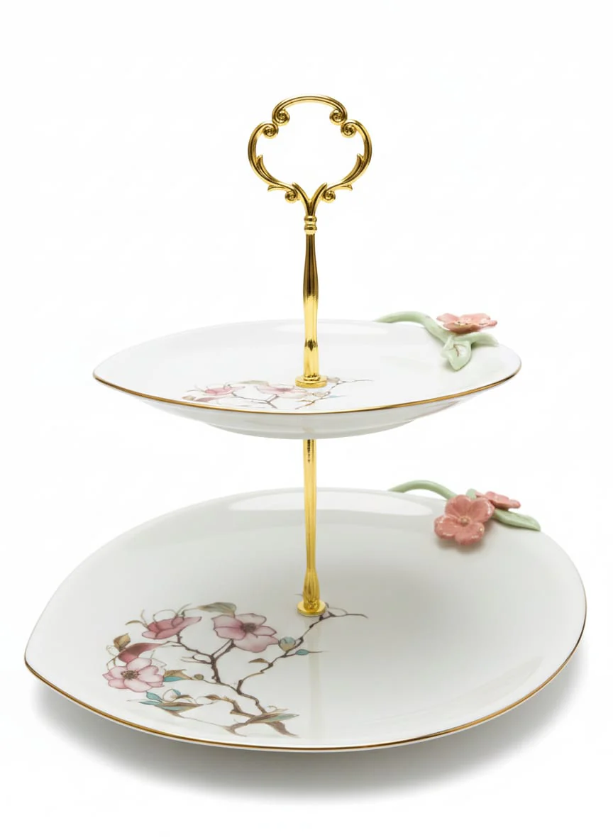 Angela Floral Elegance 2-Tier Ceramic Cake & Candy Stand – White (32×22×25 cm)