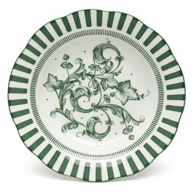 Angela Floral Garden Ceramic Deep Plate – 22 cm (White with Green Floral Design)