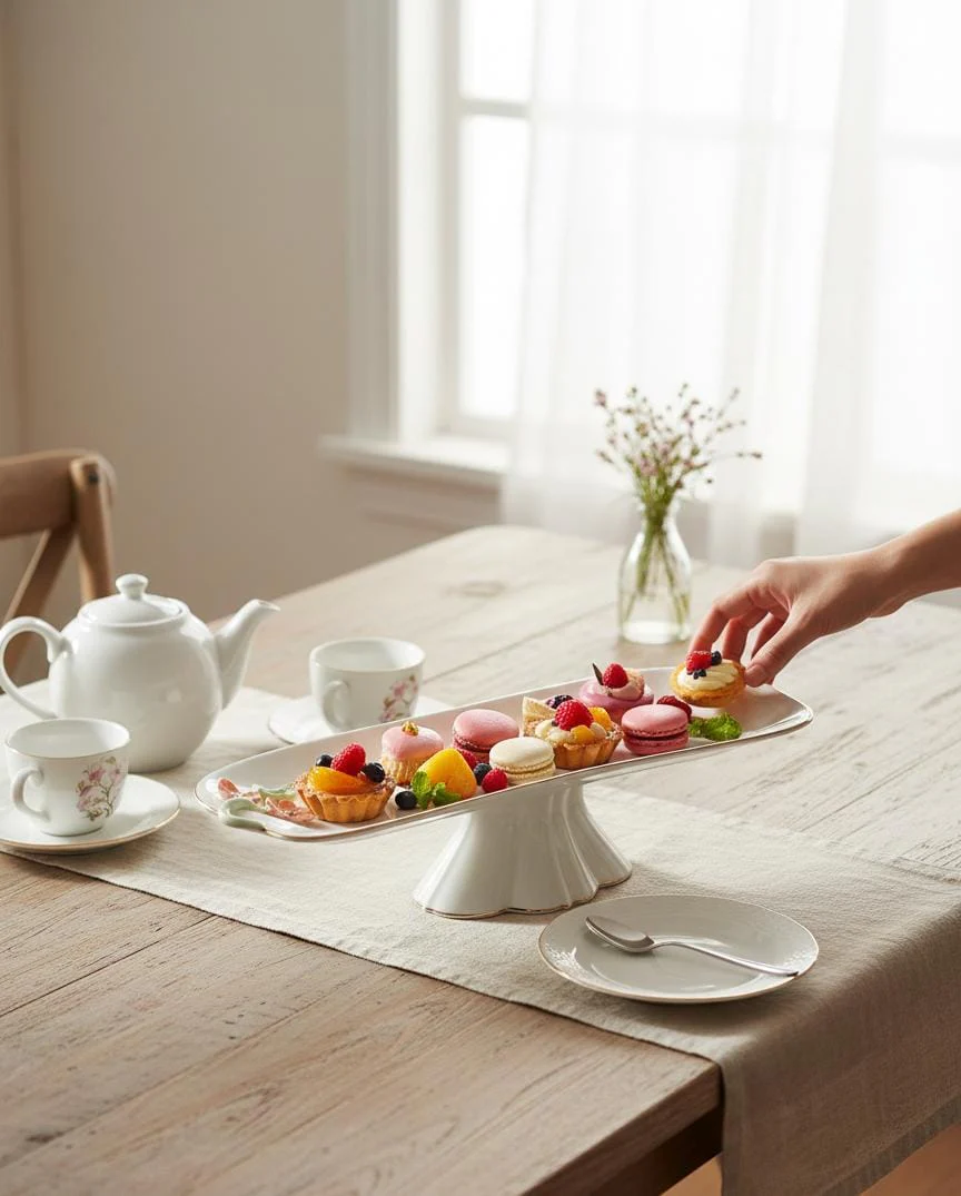 Angela Floral Grace Footed Ceramic Serving Tray – White (40×15×10 cm) - Image 2