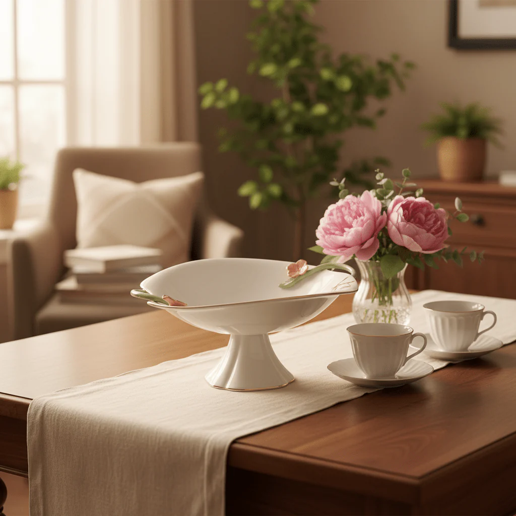 Angela Floral Grand Footed Ceramic Fruit Serving Bowl – White (29×18 cm) - Image 2