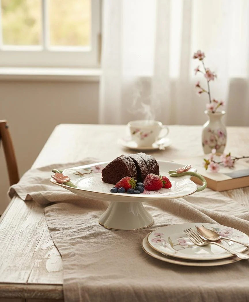 Angela Floral Premium Footed Ceramic Fruit Serving Plate – White (29×12 cm) - Image 2