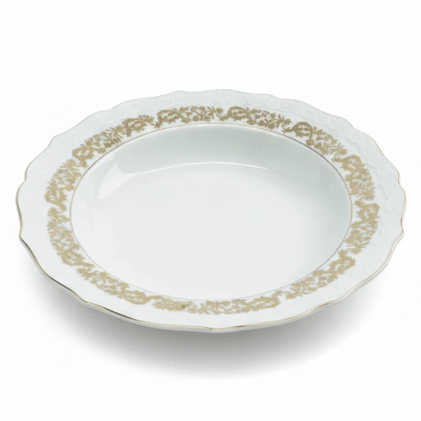 Angela Porcelain Soup Plate 22 cm – White with Gold Floral Border Design, Premium Soup Plate