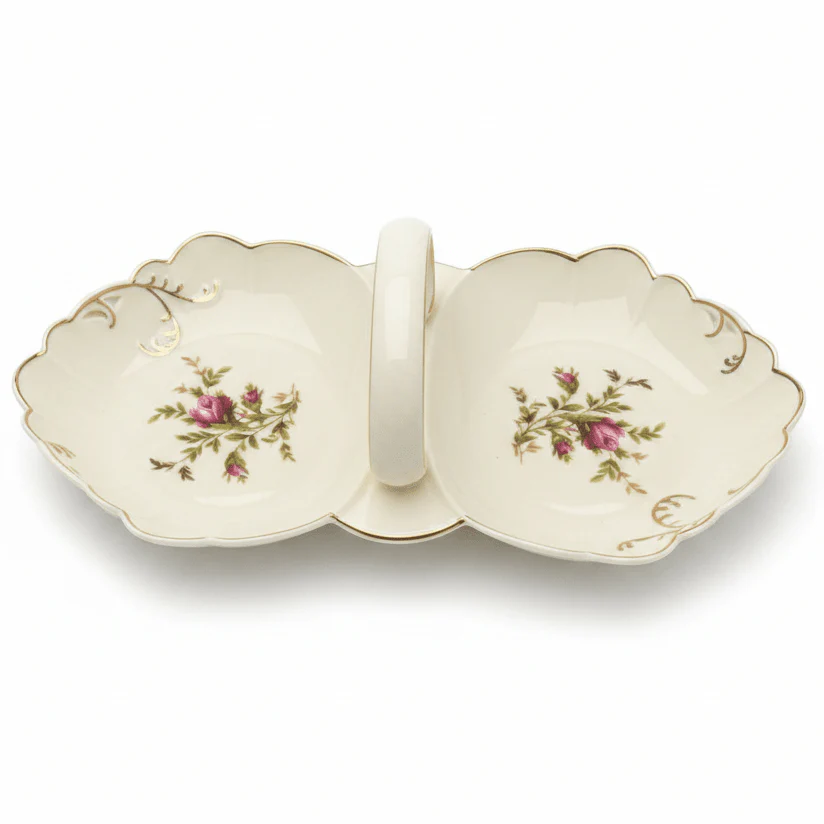 Angela Premium Cream Ceramic 2-Section Candy Serving Basket with Floral Design 30×15 cm Stylish Organizer