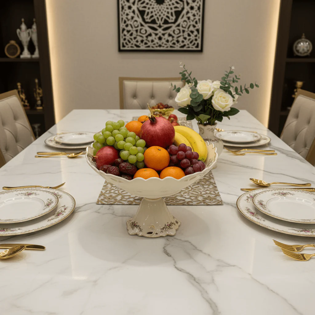 Angela Premium Round Footed Cream Ceramic Fruit Serving Bowl with Floral Design 30×20 cm Centerpiece Bowl - Image 2