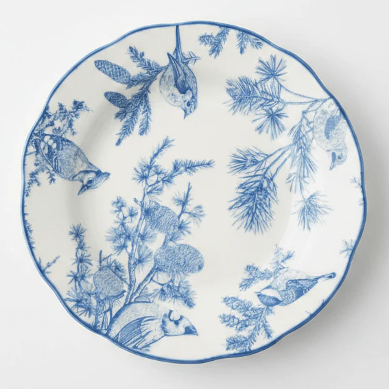 Angela White Ceramic Round Dessert Plate with Blue Tree & Bird Design - 19 cm
