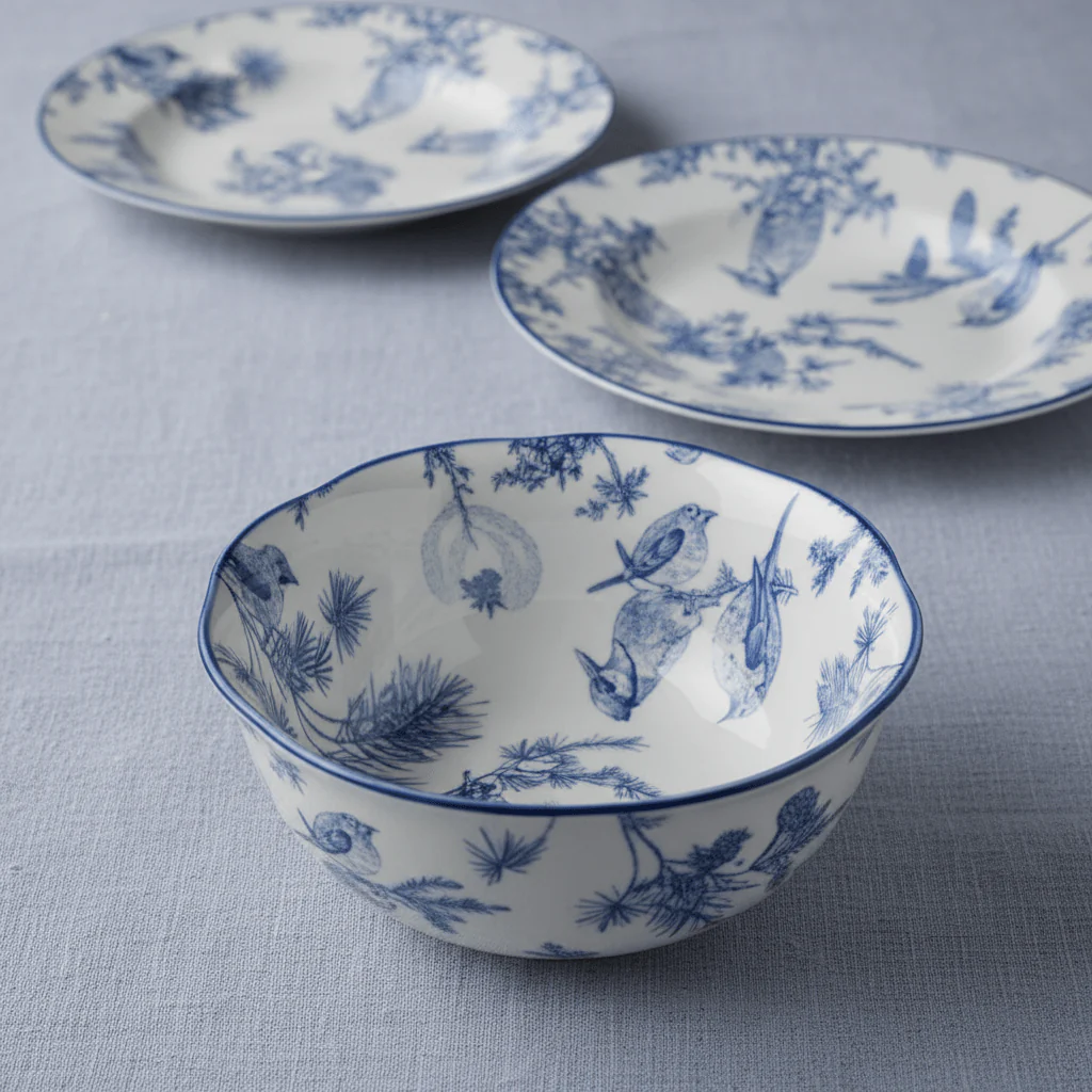 Angela Ceramic White Round Soup Bowl with Blue Tree & Bird Design - 14 cm - Image 4