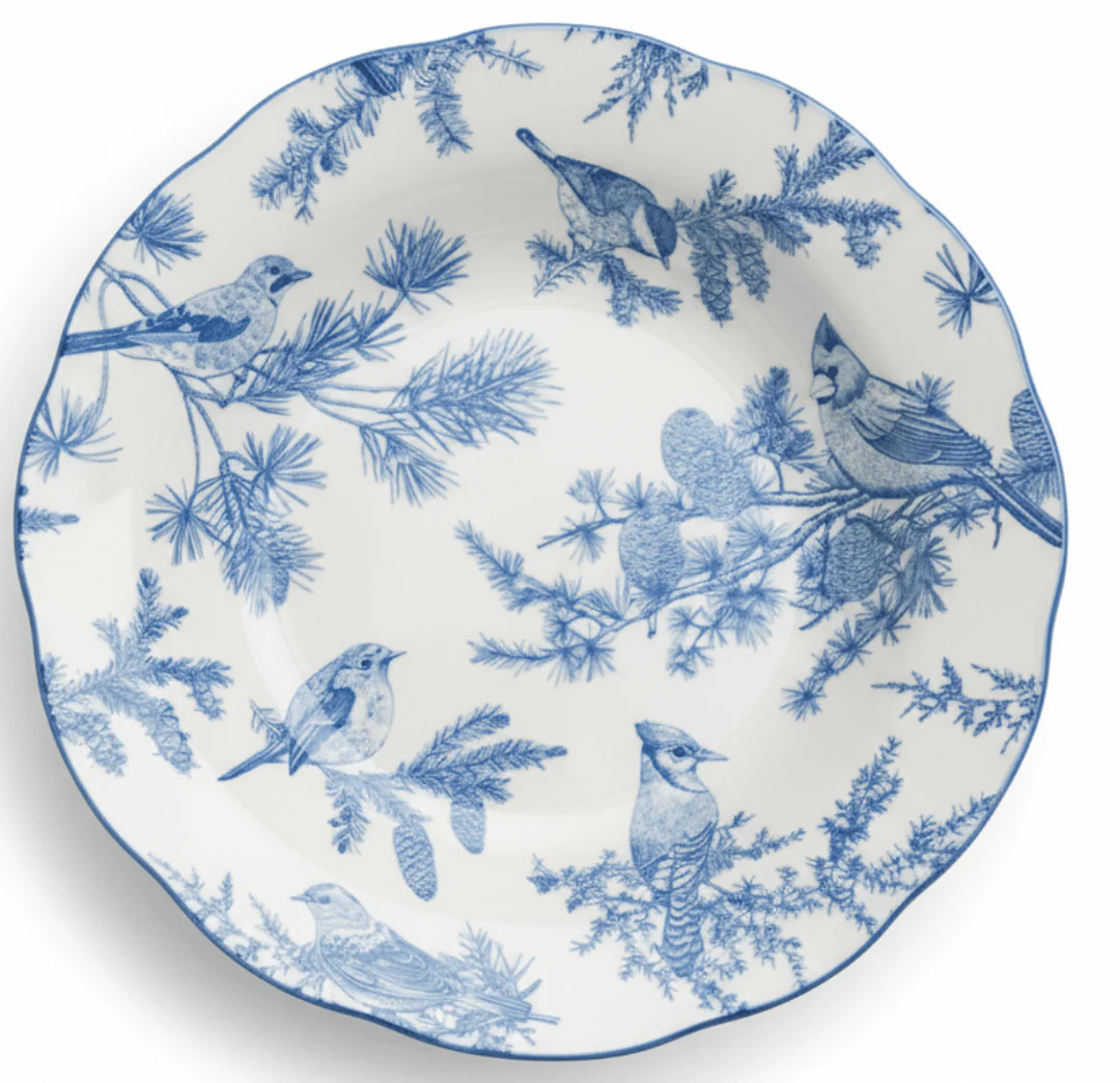 Angela White Ceramic Round Soup Plate with Blue Tree & Bird Design - 22 cm