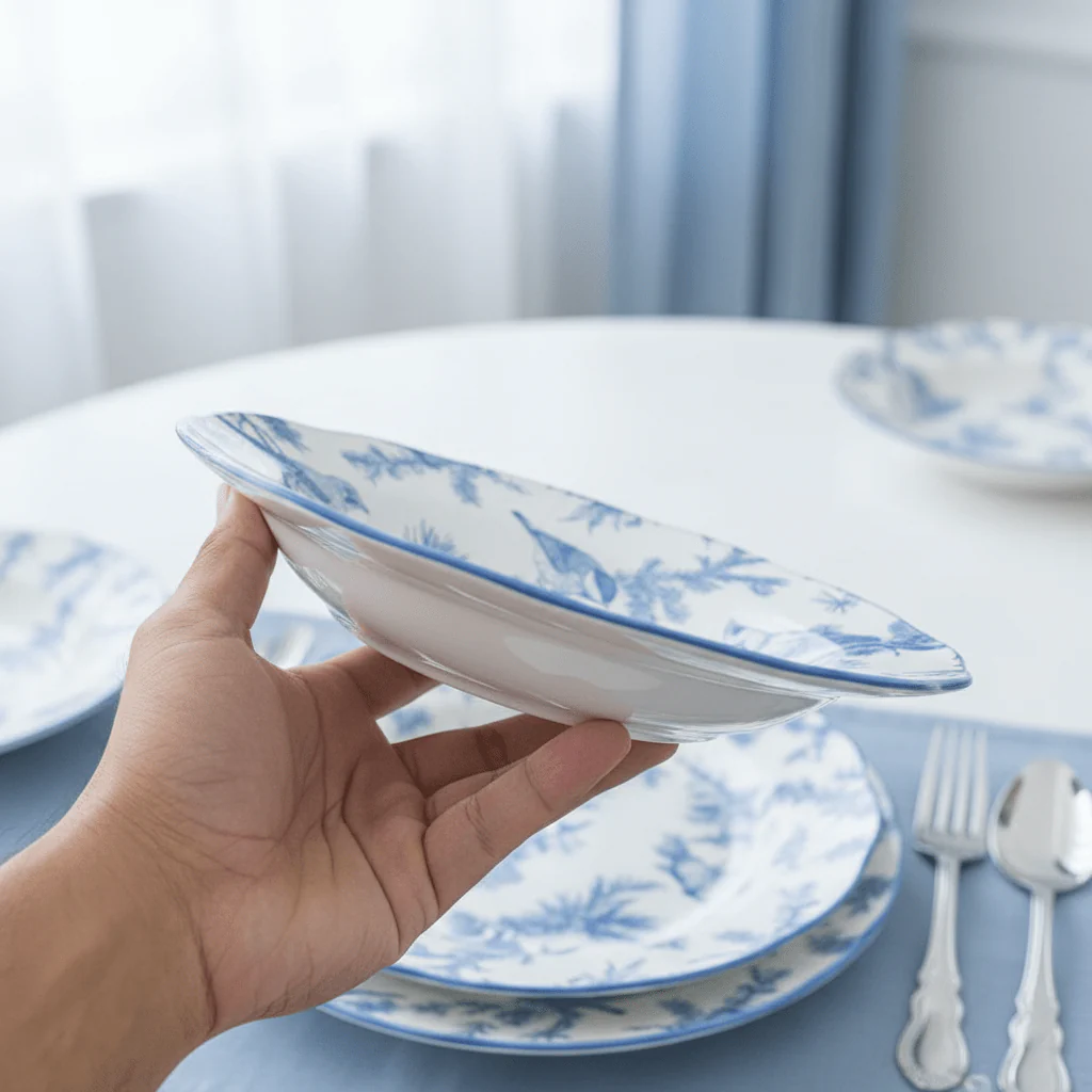 Angela White Ceramic Round Soup Plate with Blue Tree & Bird Design - 22 cm - Image 4
