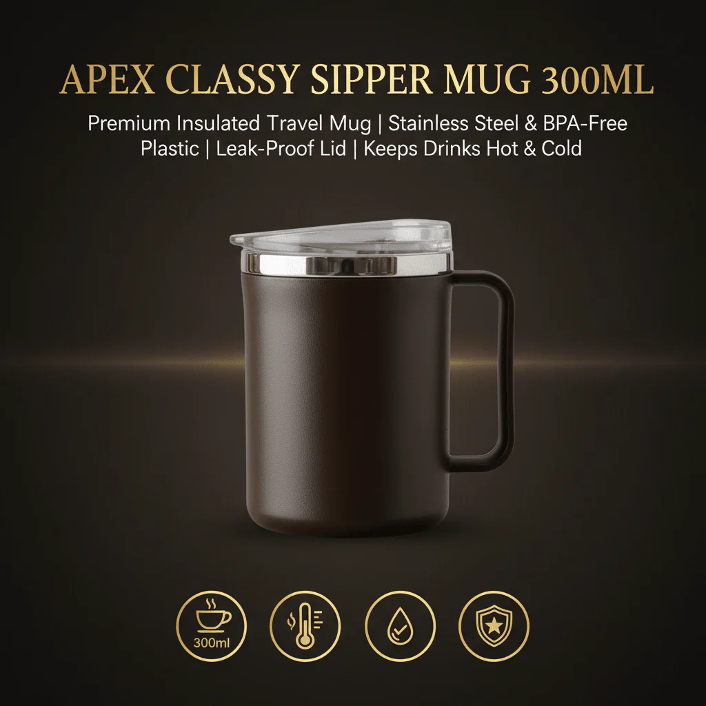 Apex Classy Sipper Mug 300ml — Brown | Stainless Steel & Premium Plastic | Insulated Travel Mug with Leak-Proof Lid - Image 3