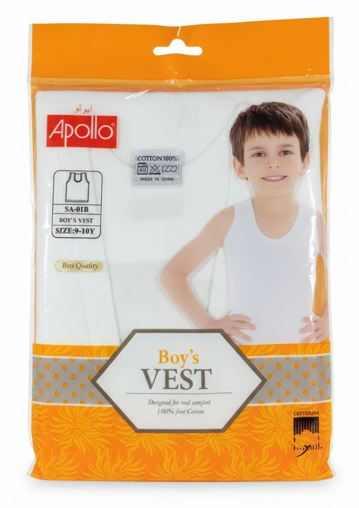 Apollo Boys Pure Cotton Sleeveless Vest, All-Day Comfort Fit, White Color, Kids Clothing, 9–10 Years