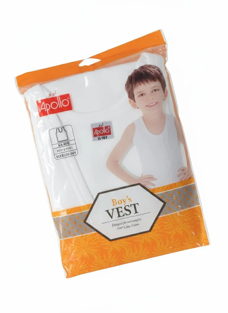Apollo Boys Pure Cotton Sleeveless Vest, Comfortable & Breathable, White Color, Teen Boys Innerwear, 15–16 Years