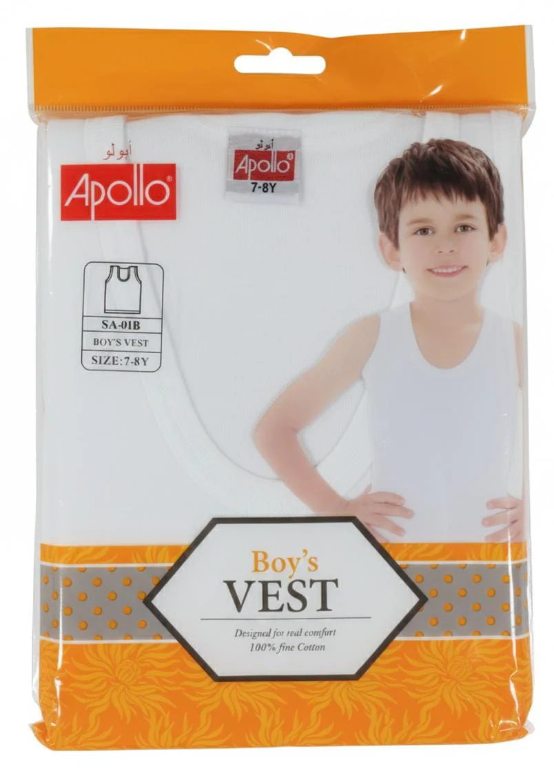 Apollo Boys Pure Cotton Sleeveless Vest, Durable Stitching, White Color, Casual Wear, 7–8 Years